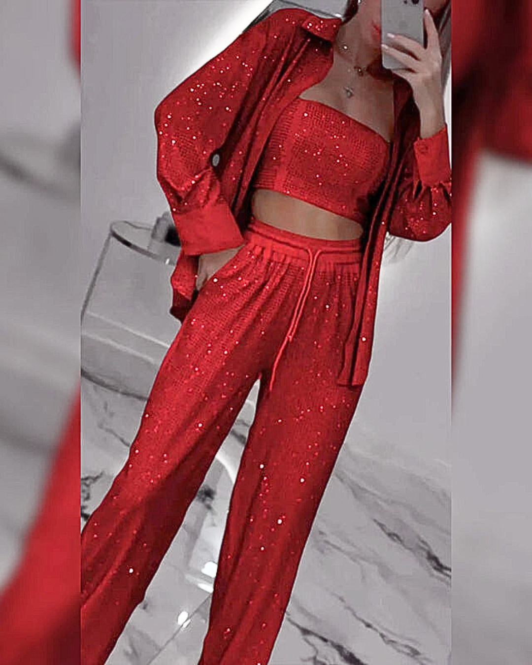 Blazer à paillettes et pantalon large pour femmes (ensemble 3 pièces)