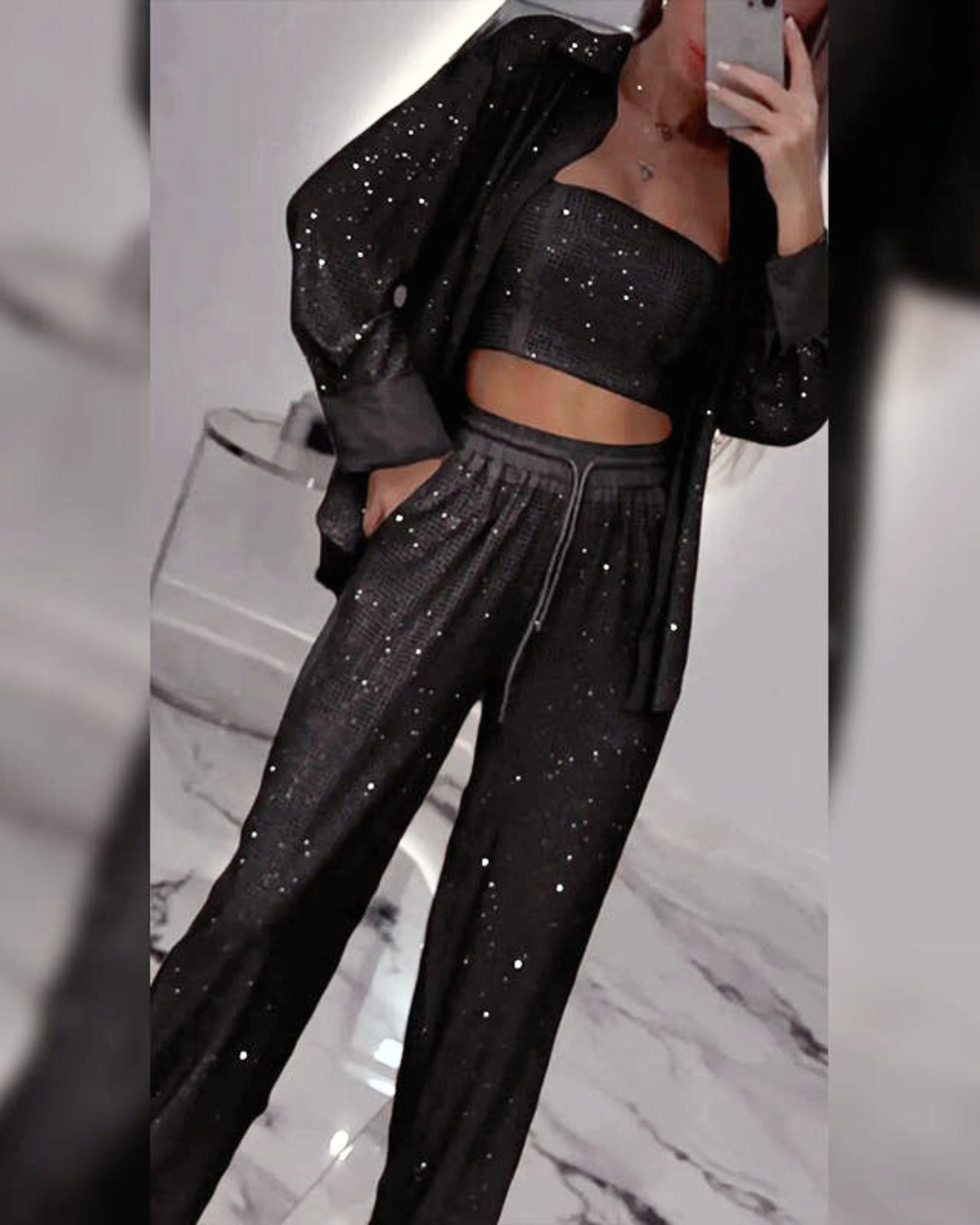 Blazer à paillettes et pantalon large pour femmes (ensemble 3 pièces)