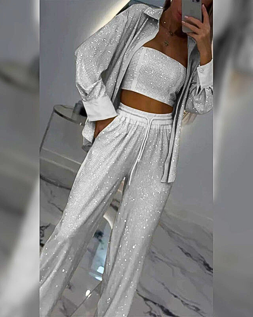 Blazer à paillettes et pantalon large pour femmes (ensemble 3 pièces)