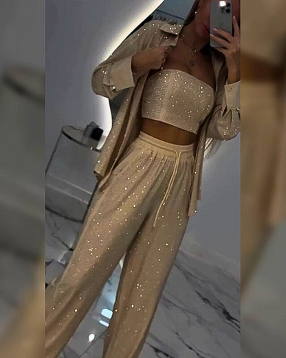 Blazer à paillettes et pantalon large pour femmes (ensemble 3 pièces)