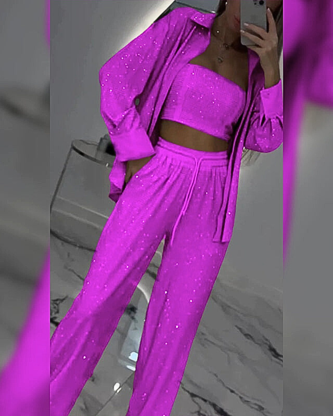 Blazer à paillettes et pantalon large pour femmes (ensemble 3 pièces)