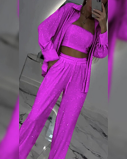 Blazer à paillettes et pantalon large pour femmes (ensemble 3 pièces)