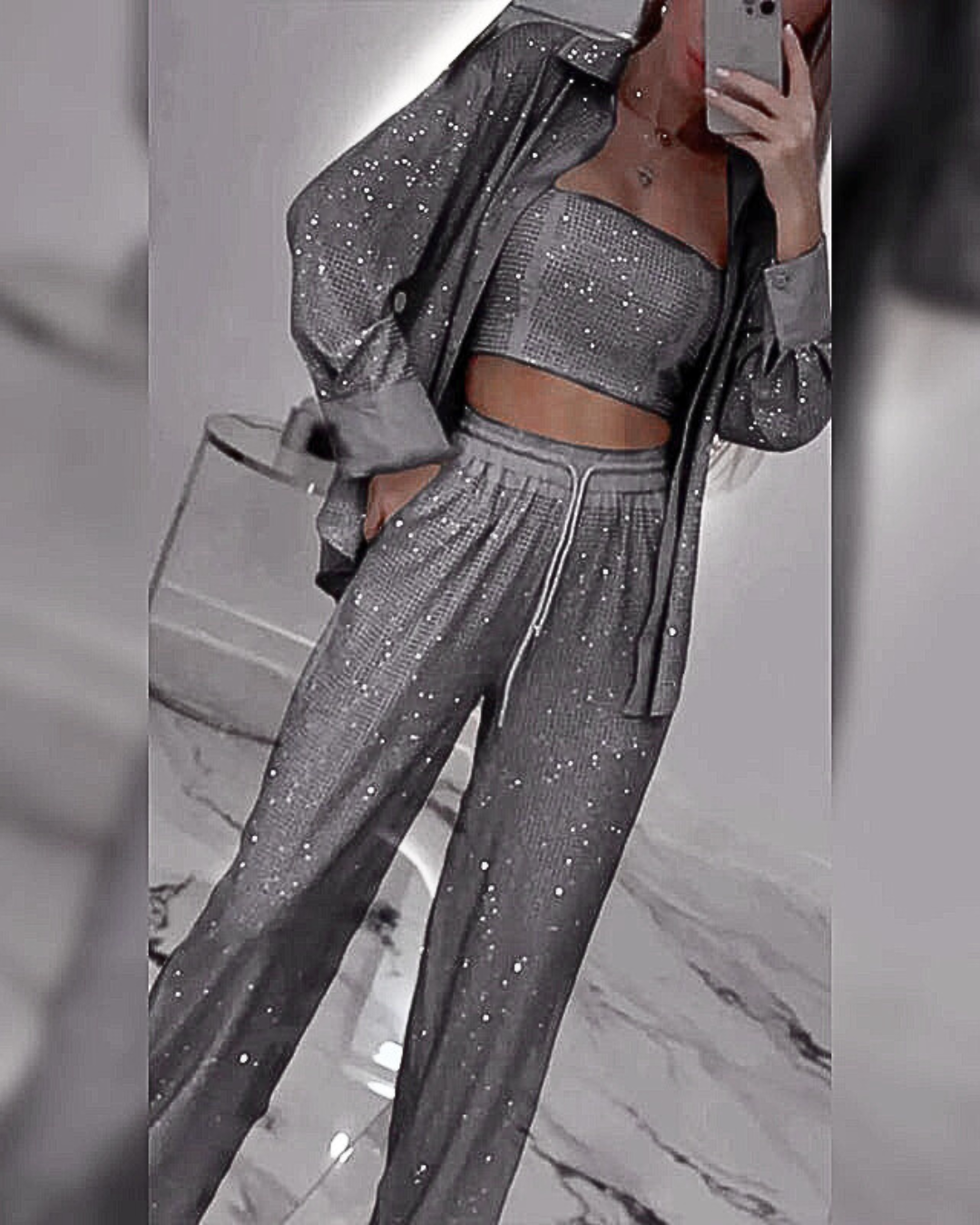 Blazer à paillettes et pantalon large pour femmes (ensemble 3 pièces)