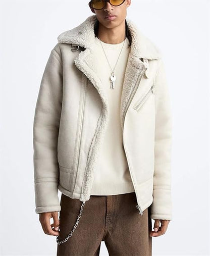 | Veste de moto en daim et cachemire double face pour hommes avec passepoil - Manteau d'hiver chaud en cuir de style punk